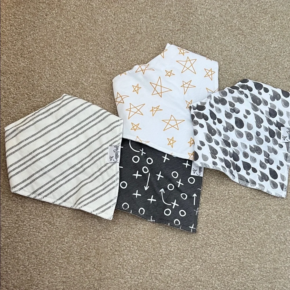 Copper Pearl Baby Bandana Bibs - Set of 4 (White, Black, Gray, Mustard Star)